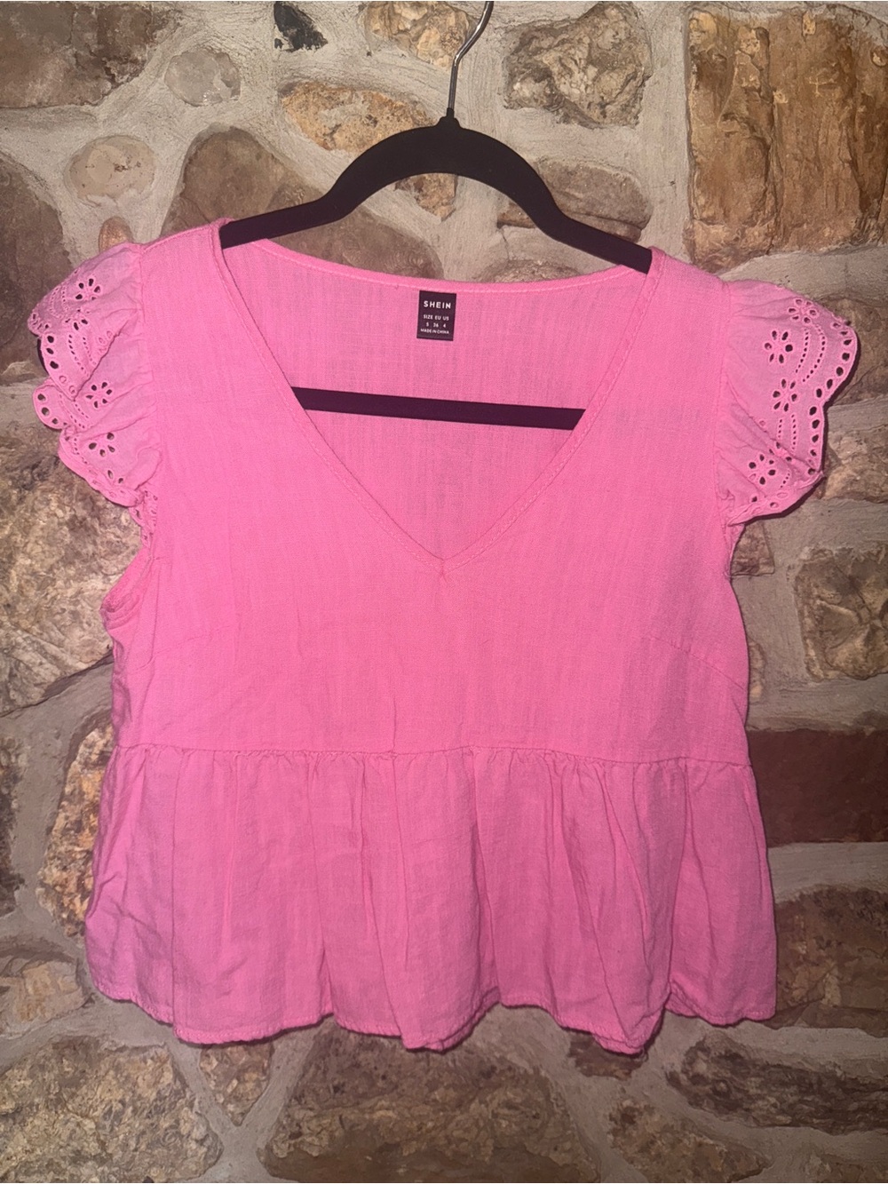 SHEIN Pink Eyelet Sleeve V-Neck Peplum Top